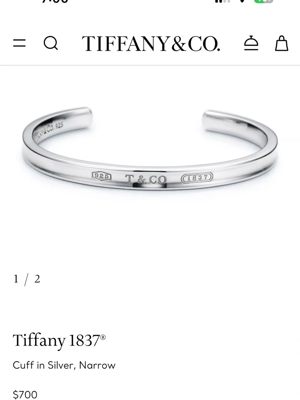 Tiffany & Co. Sterling Silver Open Cuff Bracelet - Blue Green Pouch